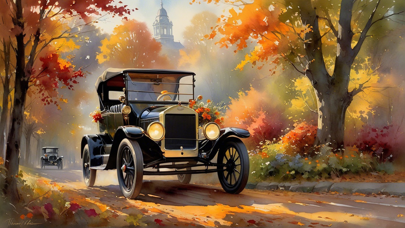 Vintage Car on Autumn Road with Colorful Foliage