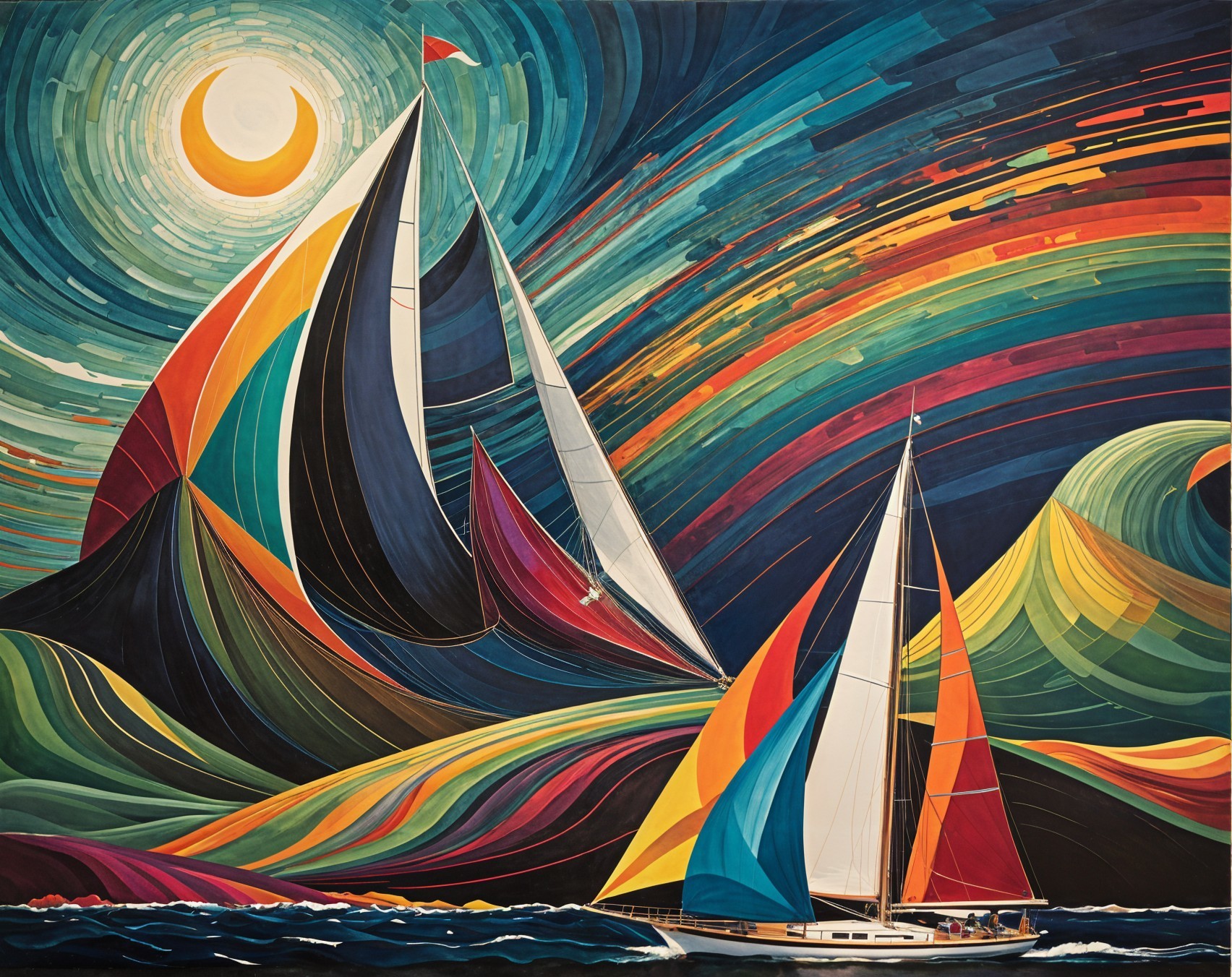 Vibrant Seascape with Sailboats and Colorful Waves