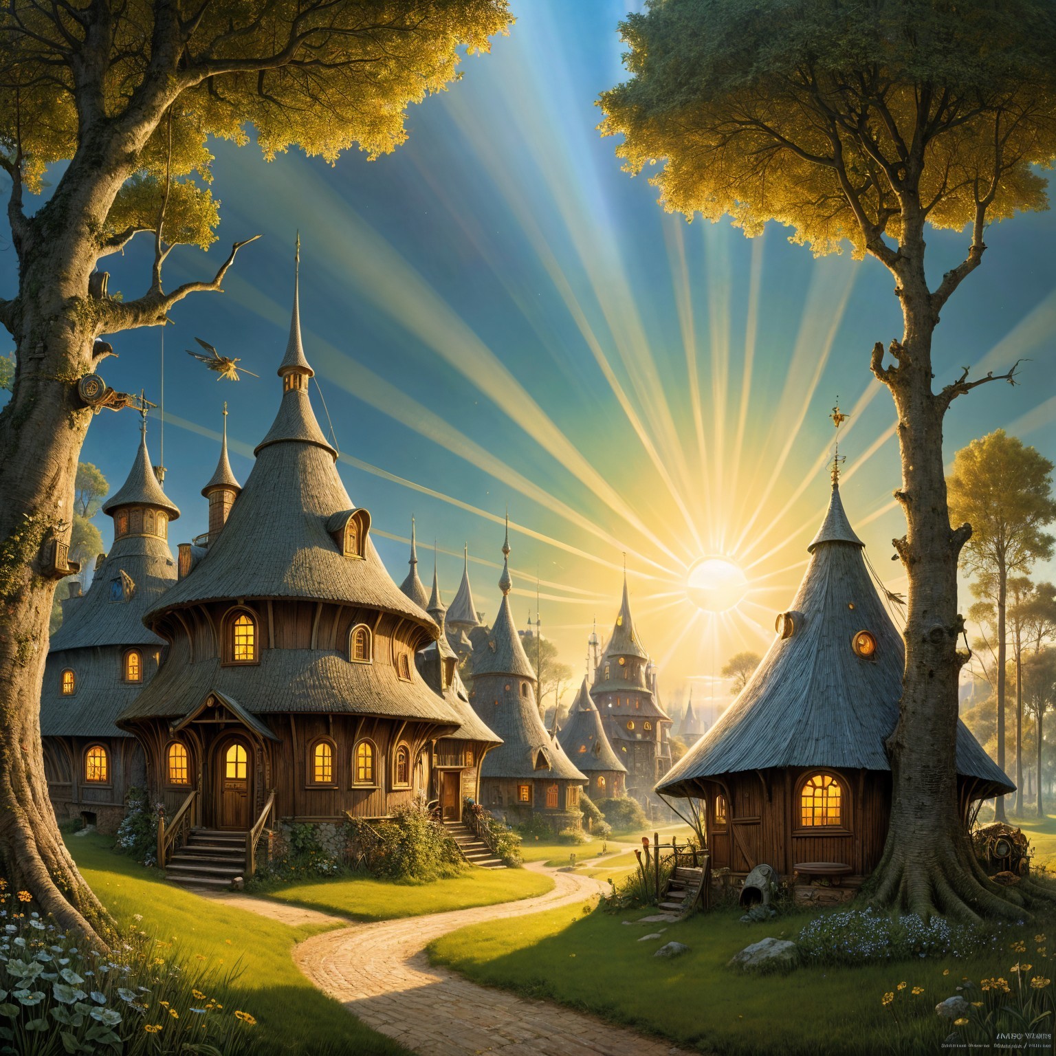 Whimsical Village with Thatched Roof Cottages and Nature