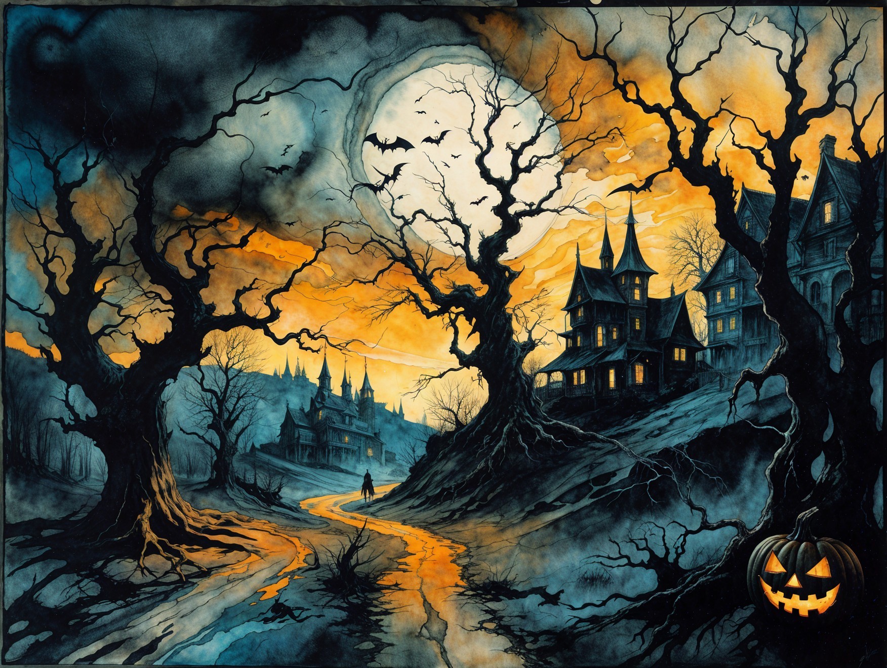 Spooky Halloween Landscape with Twisted Trees and Moon