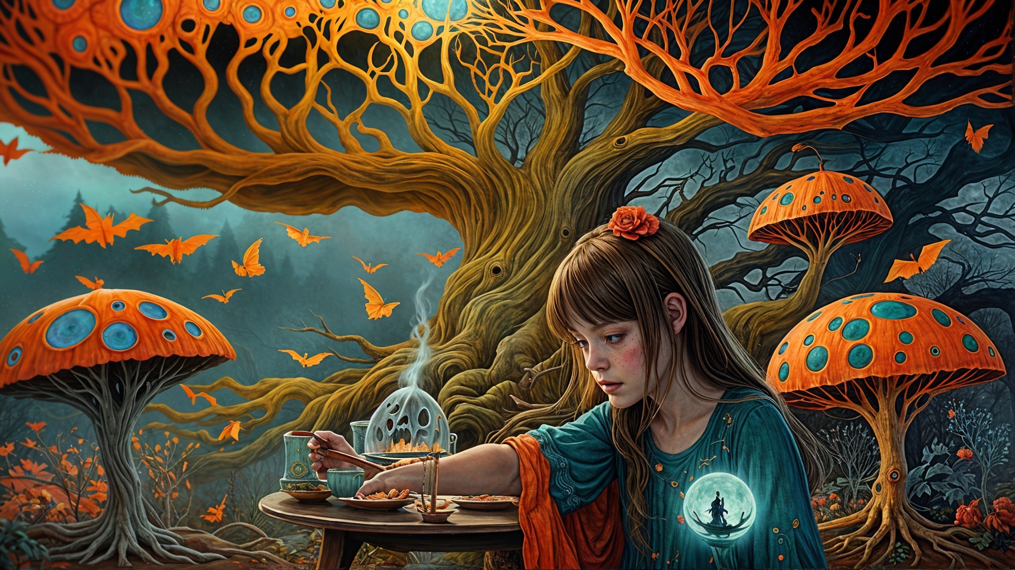 Young girl serving tea in a mystical forest setting