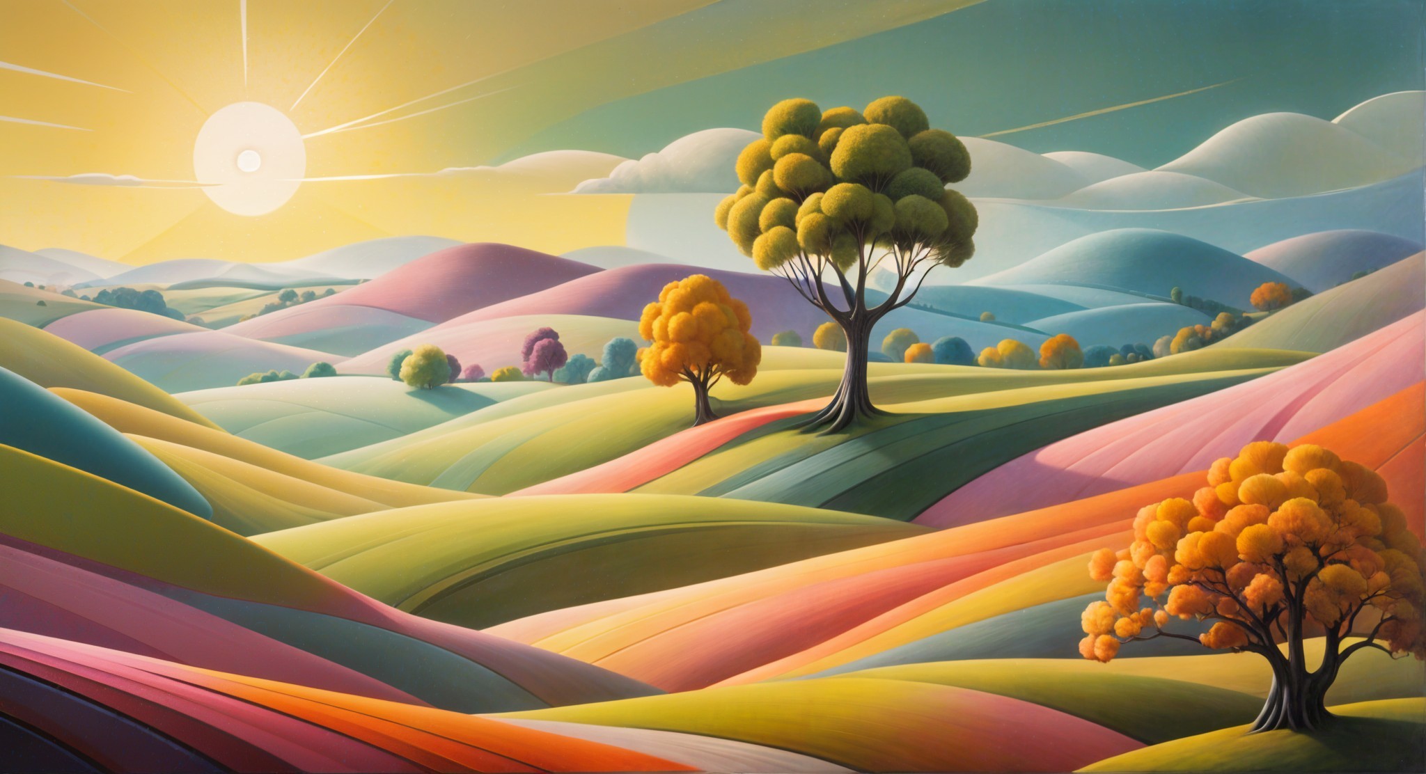 Vibrant Landscape with Rolling Hills and Silhouetted Trees