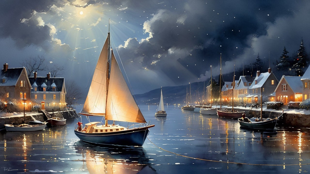 Winter Harbor Scene at Night with Sailboat and Stars