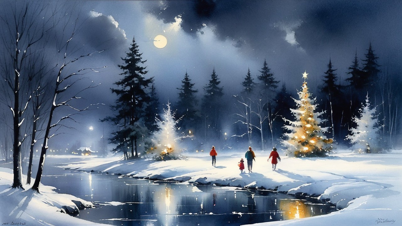 Winter Scene of Family Walking by a Snowy River
