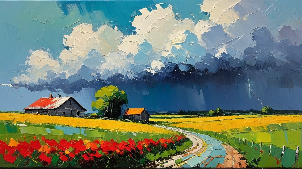Vibrant Landscape with Winding Road and Flower Fields