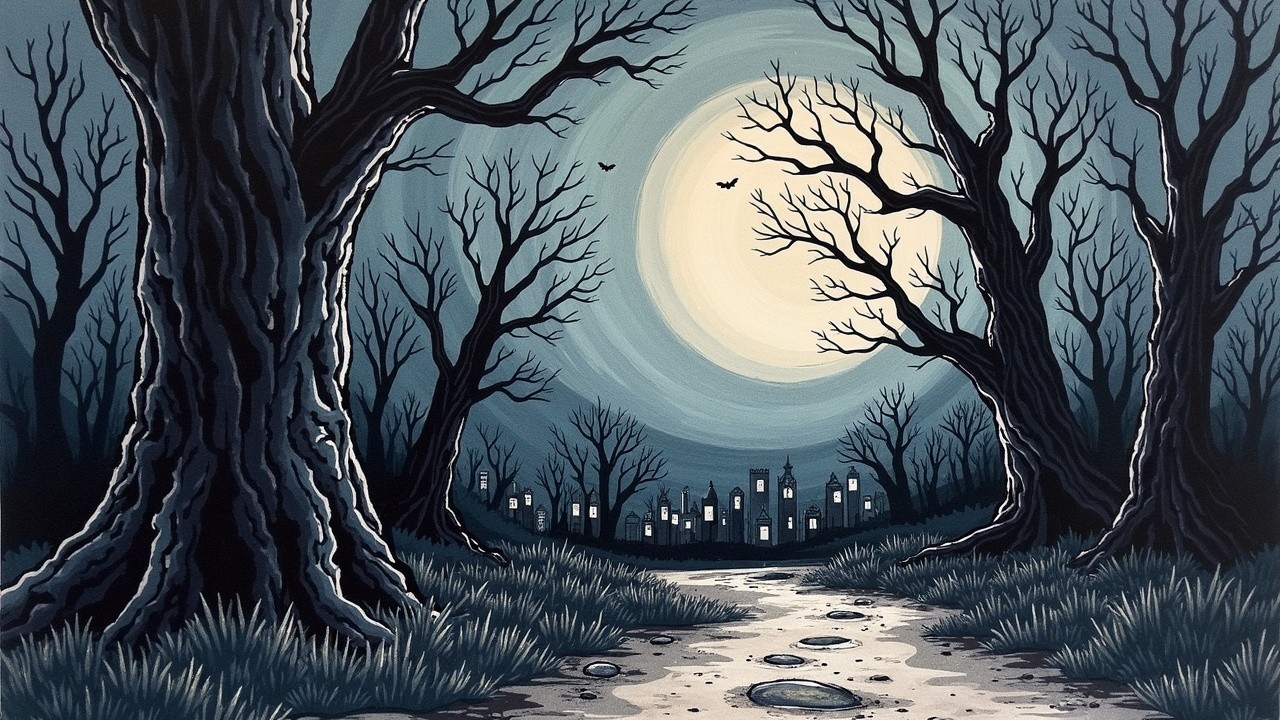 Moonlit Landscape with Gnarled Trees and Ghostly Town