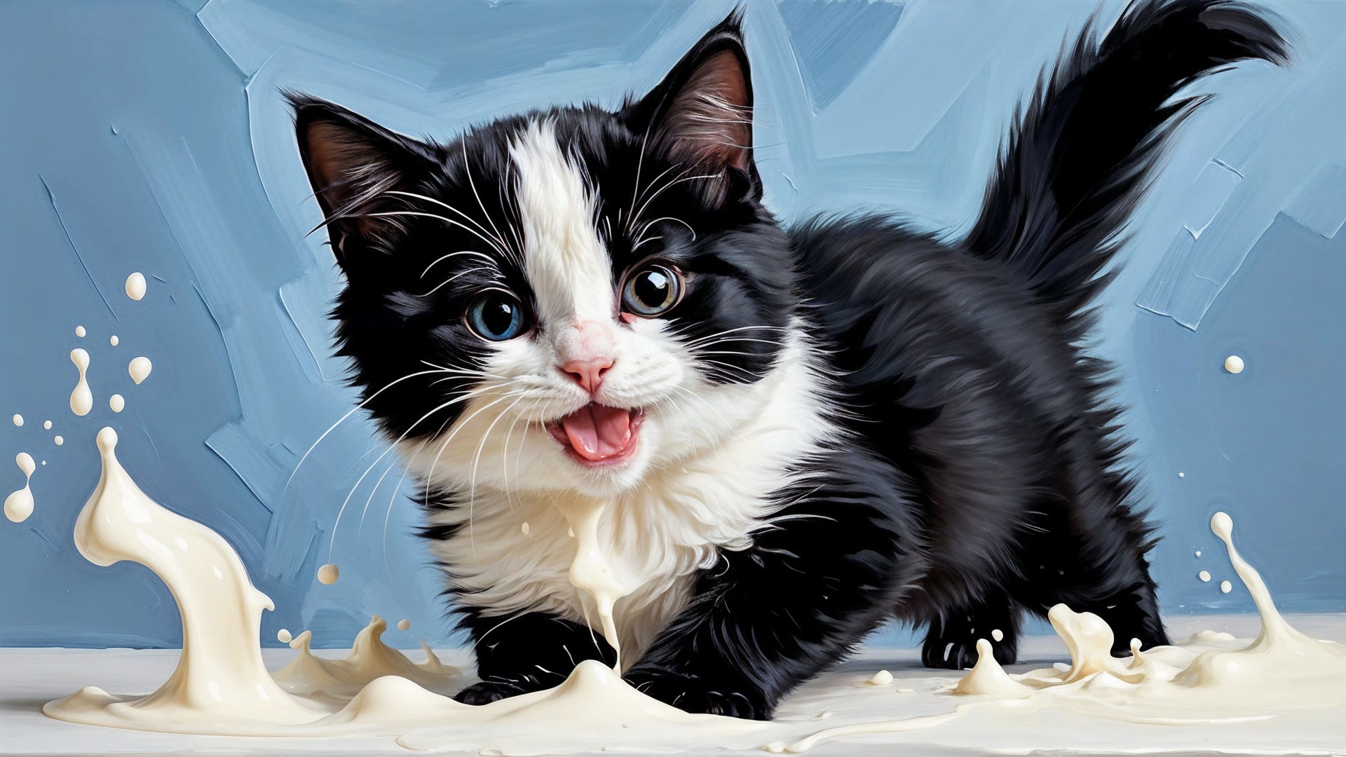 Playful Black-and-White Kitten on Cream-Splattered Surface