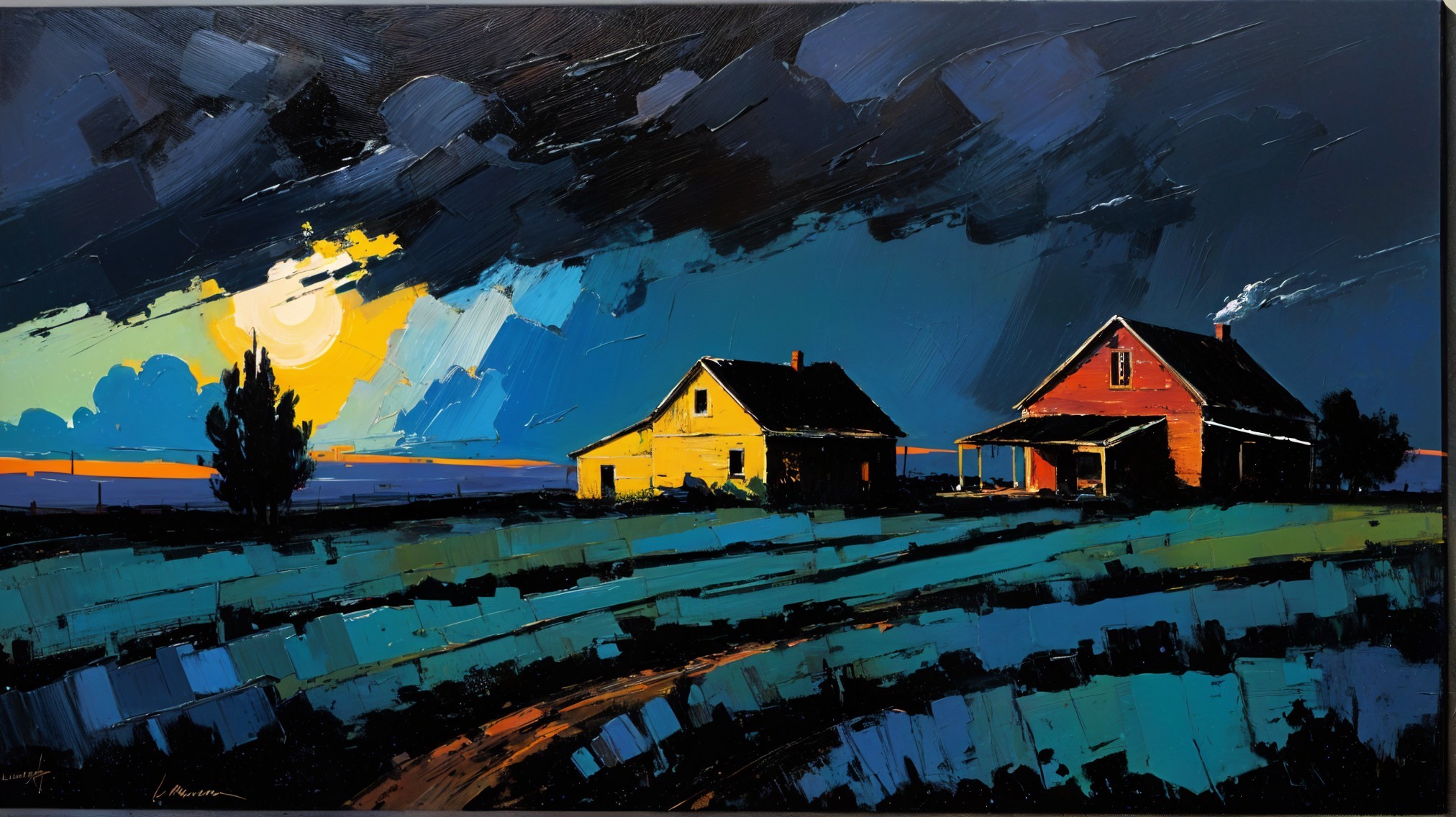 Countryside Scene at Dusk with Two Houses