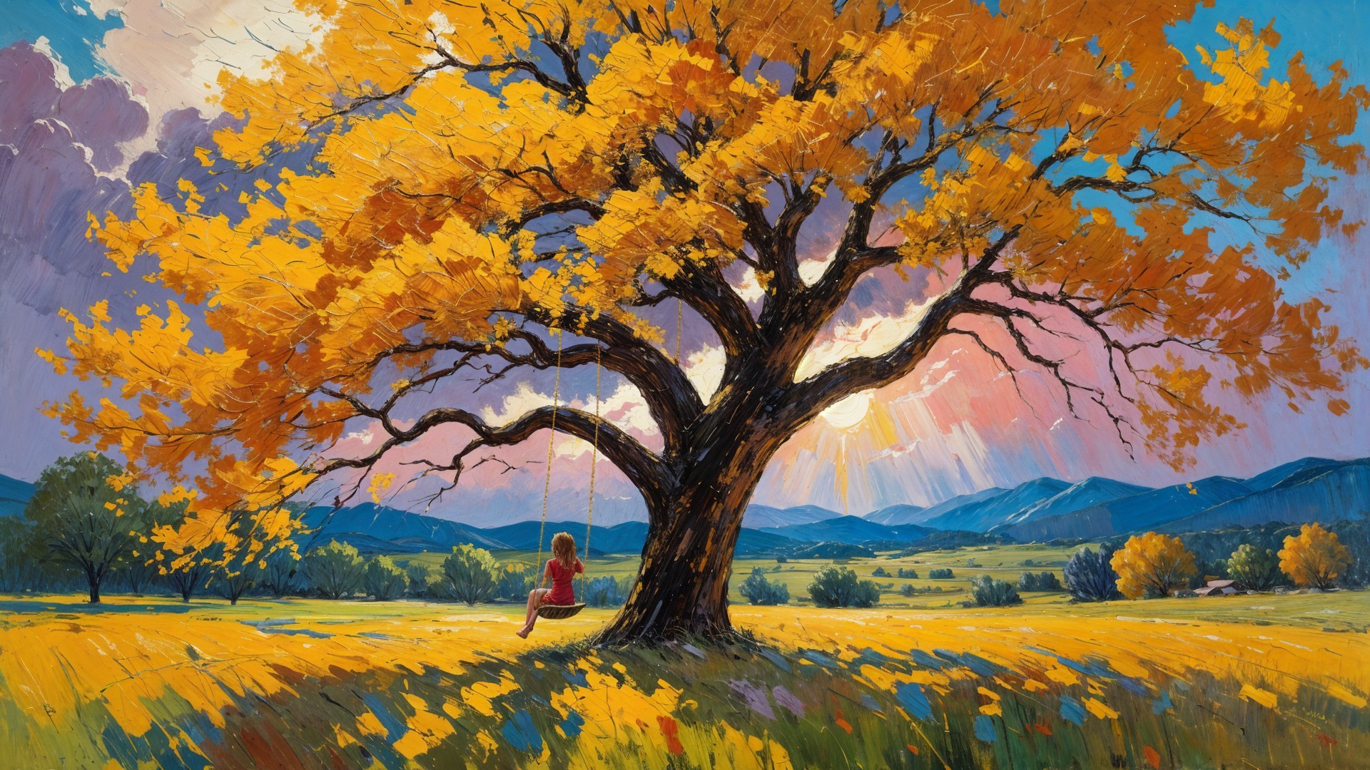 Golden-leaved tree in a blooming flower field