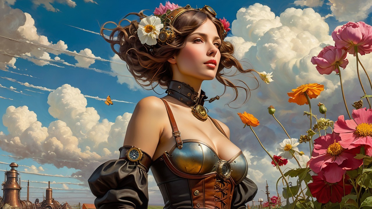 Steampunk Woman Surrounded by Vibrant Flowers