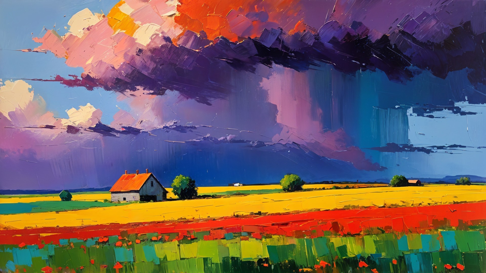 Vibrant landscape with a quaint house and colorful fields