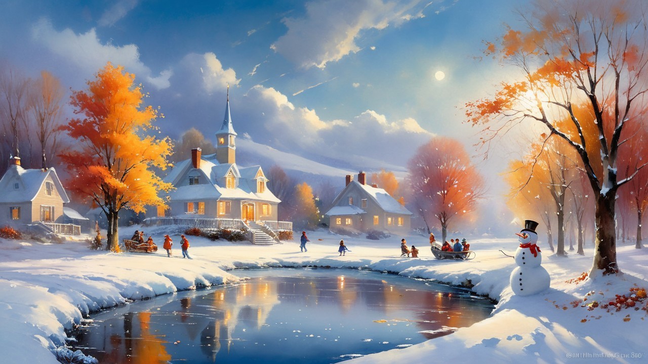 Winter Village Scene with Snow and Festive Activities