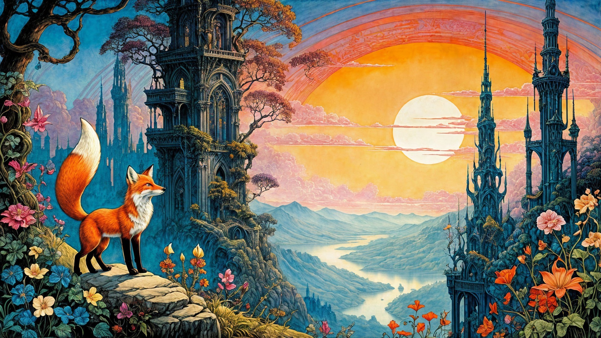 Majestic fox in vibrant fantasy sunset landscape