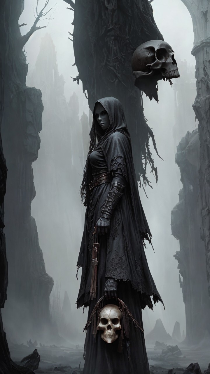 Mysterious Figure in Dark Landscape with Skulls