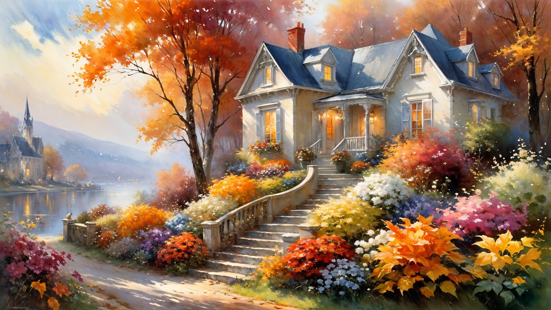 Cozy House Amidst Vibrant Autumn Foliage and Lake