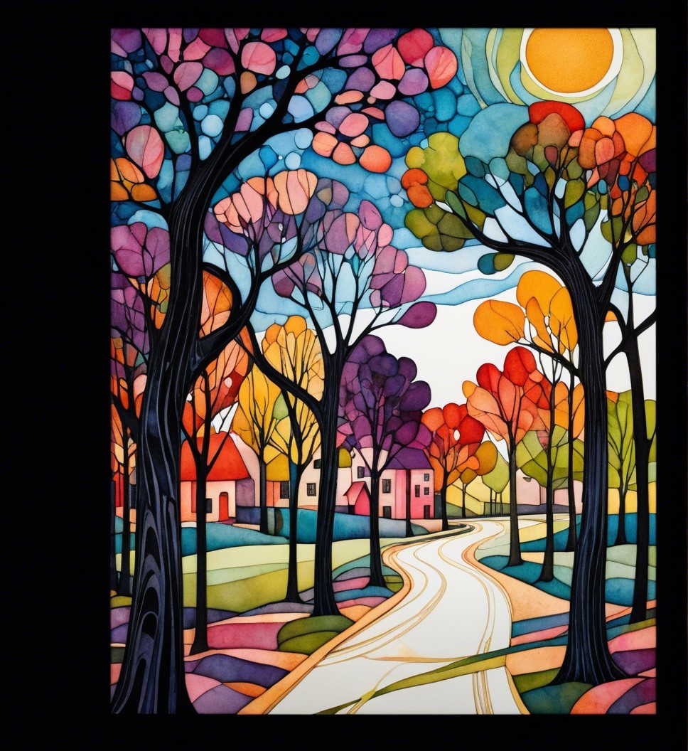 Vibrant Landscape with Winding Road and Colorful Trees