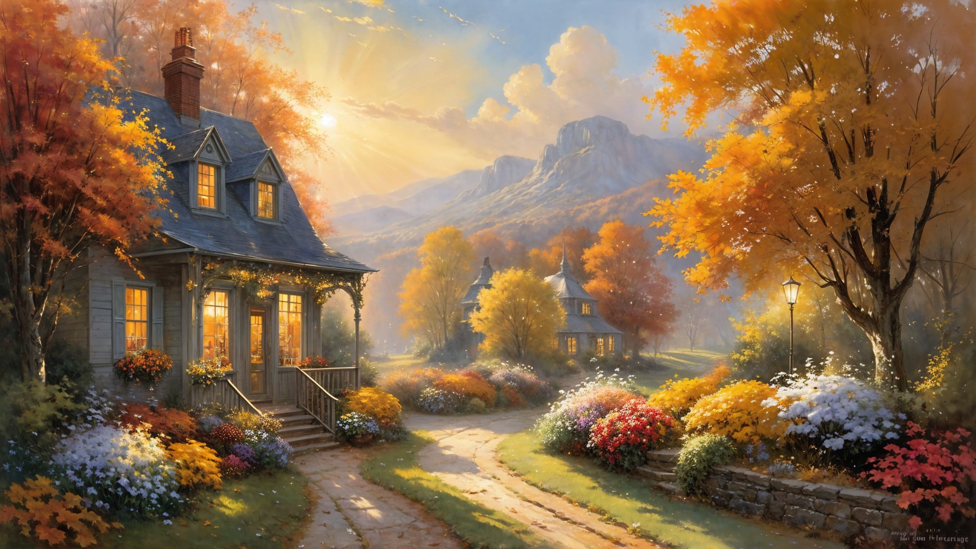 Autumn Landscape with Cottages and Vibrant Foliage