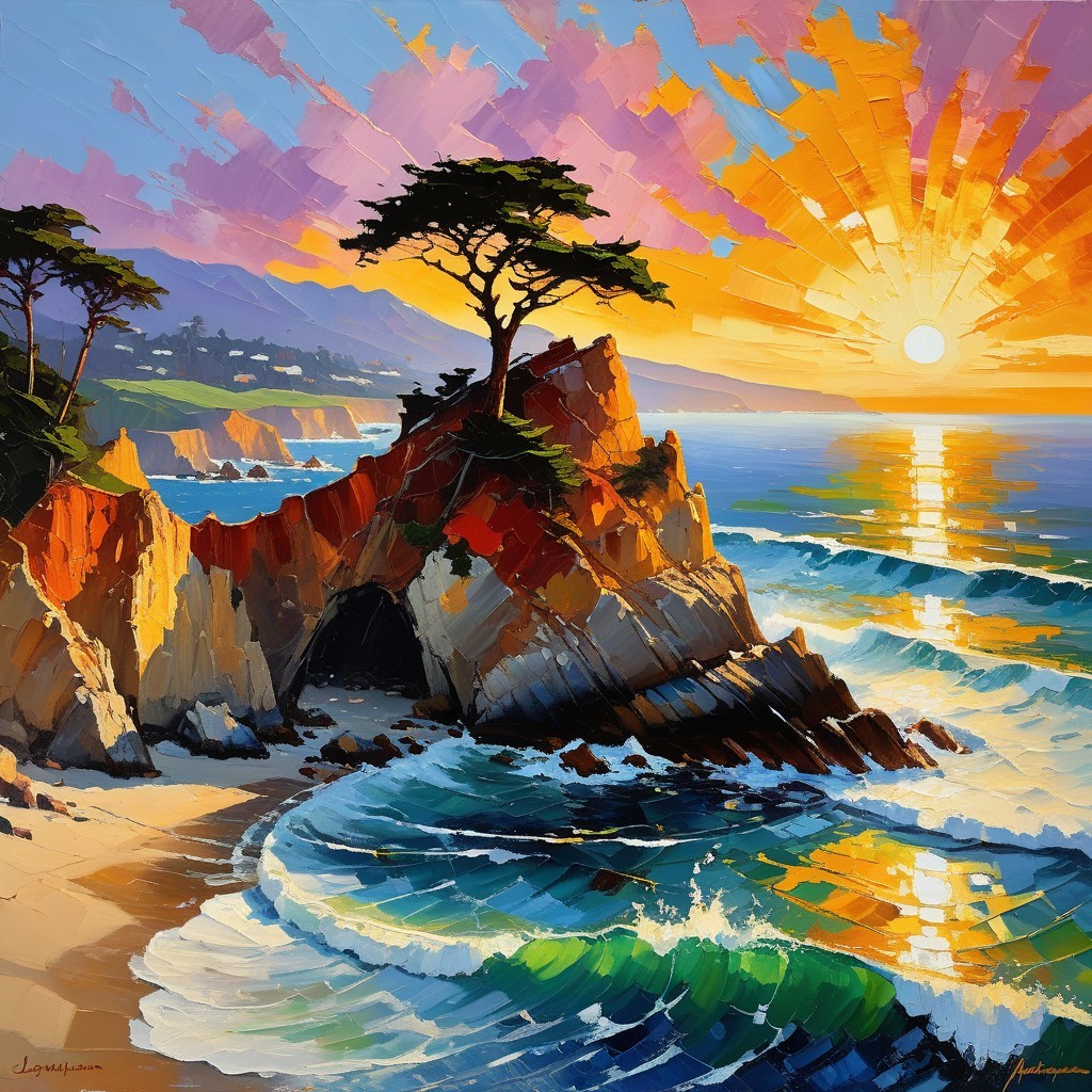 Vibrant Sunset Over Calm Ocean and Rugged Landscape