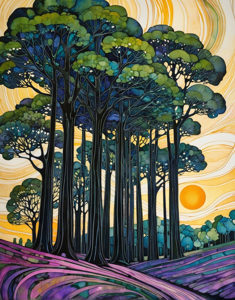 Vibrant Stylized Landscape with Golden Sunset Hues