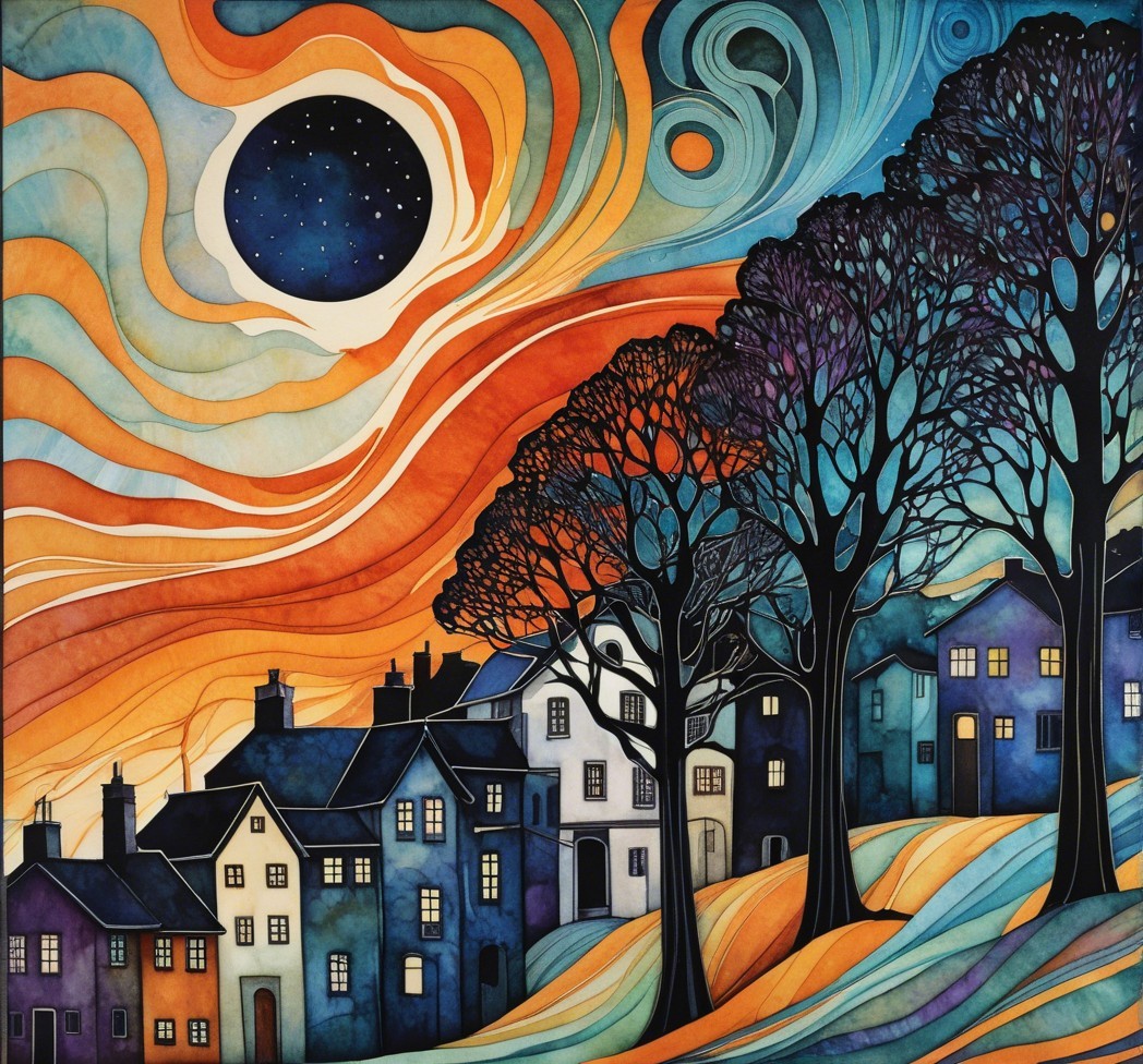 Abstract Landscape with Whimsical Houses and Sky