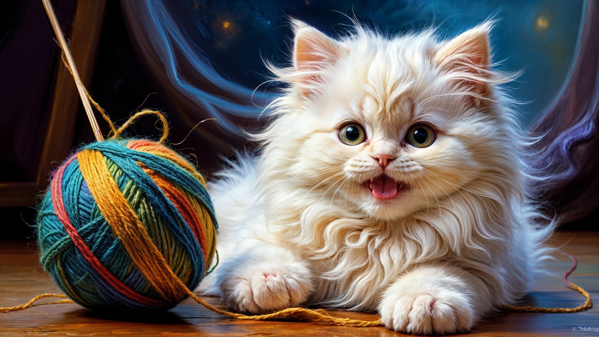 Fluffy Light-Colored Kitten with Yarn on Wooden Surface