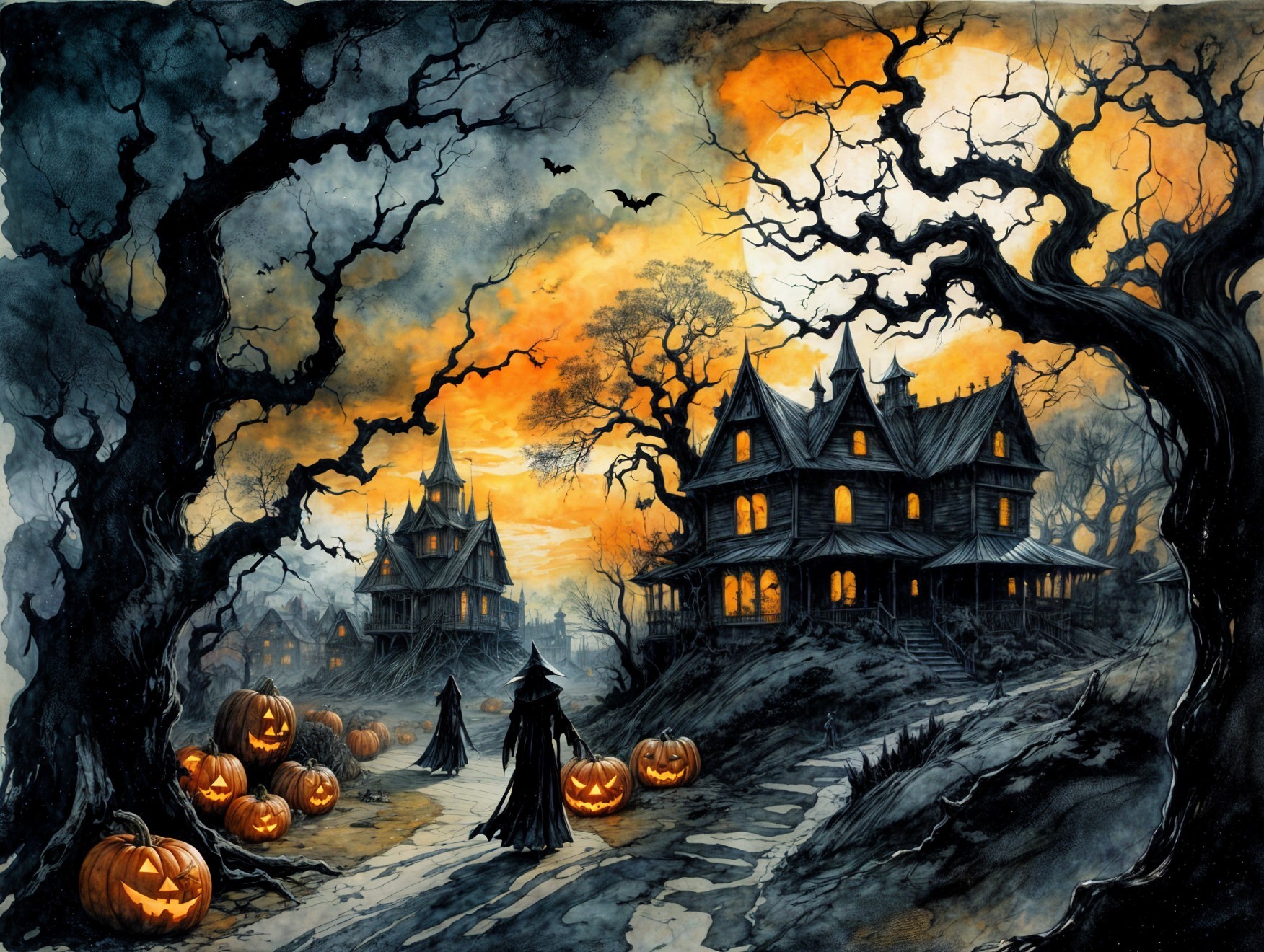 Witches Walking on a Path with Halloween Atmosphere