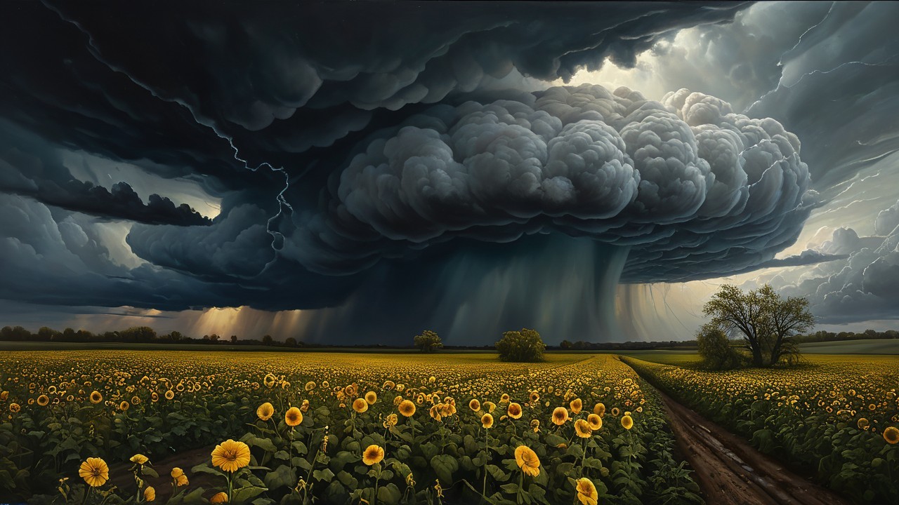 Dramatic Landscape of Sunflowers and Storm Clouds