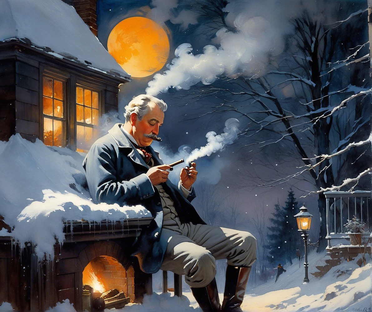 A man in winter attire sits on a snowy bench at night