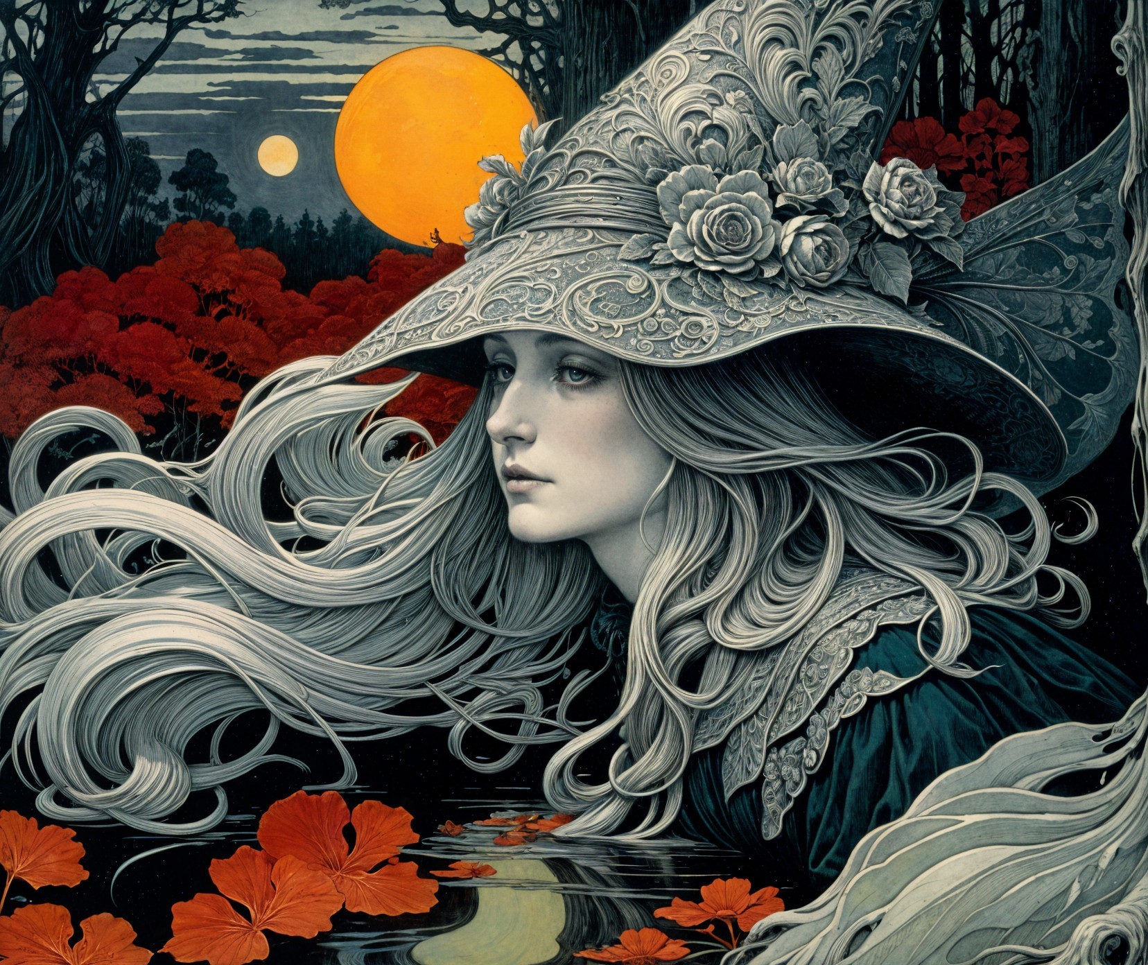 Serene witch by reflective pool in mystical sunset scene