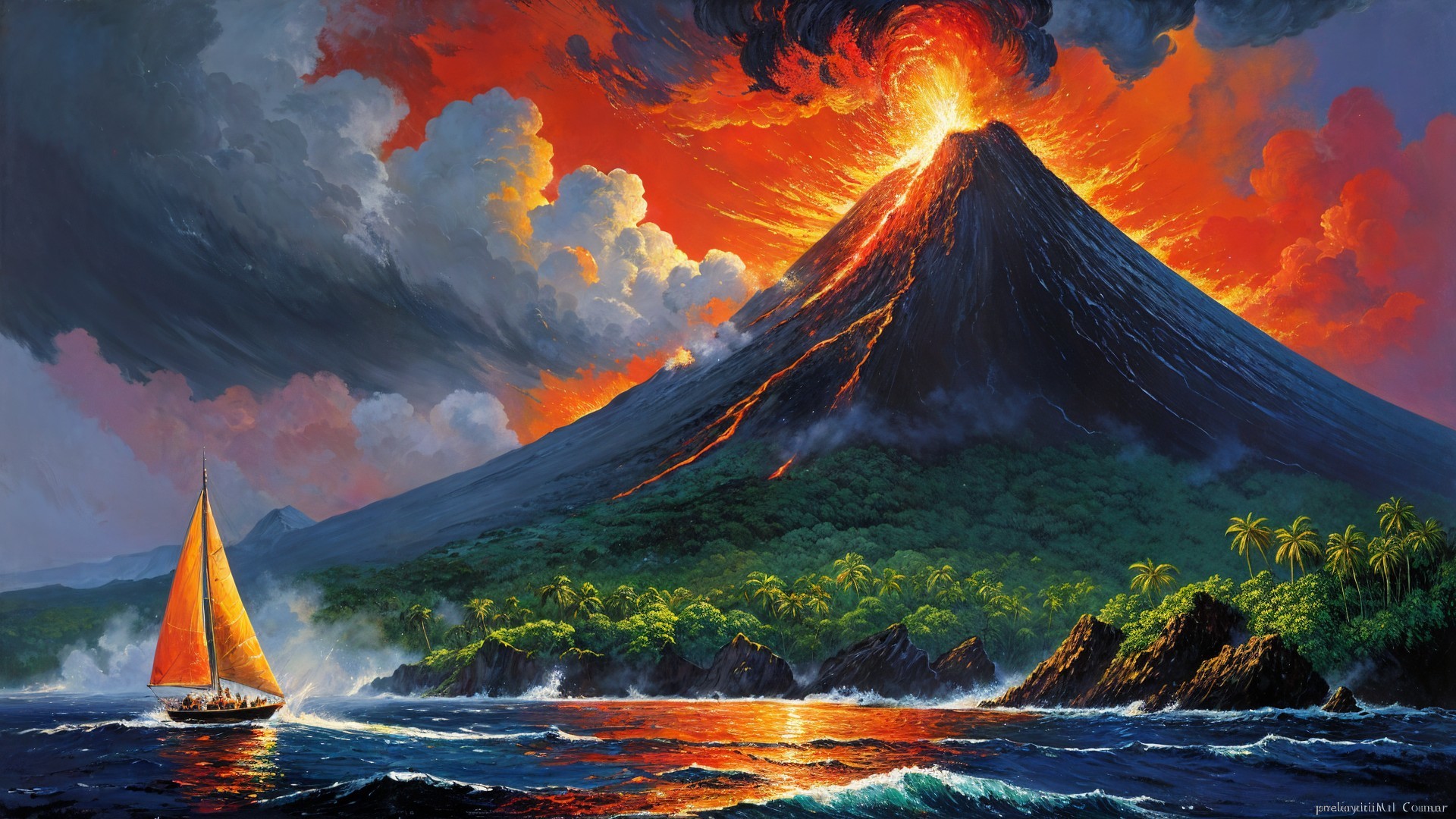 Majestic Volcano Eruption with Sailboat and Cliffs