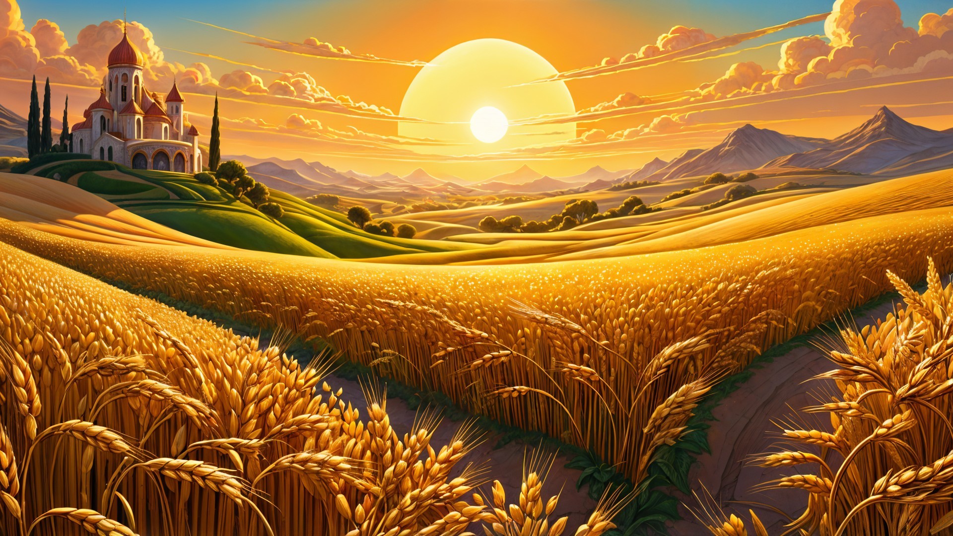 Golden Wheat Field and Sunset Landscape with Church
