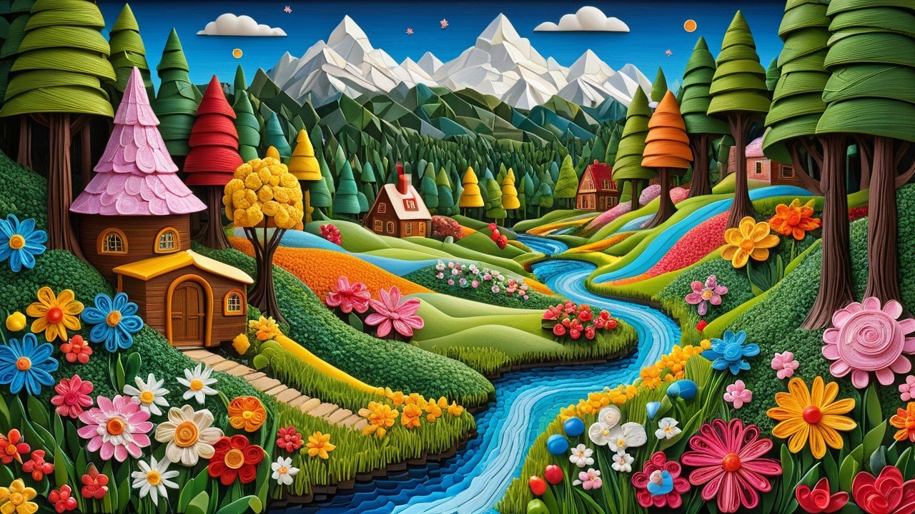 Vibrant Landscape with Hills, Flowers, and River