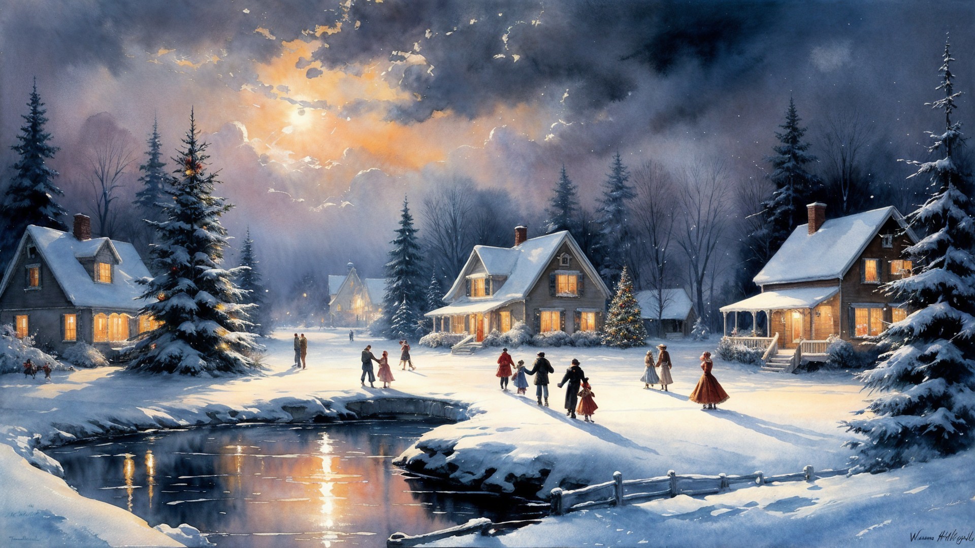 Cozy Winter Scene with Cottages and Skating Families