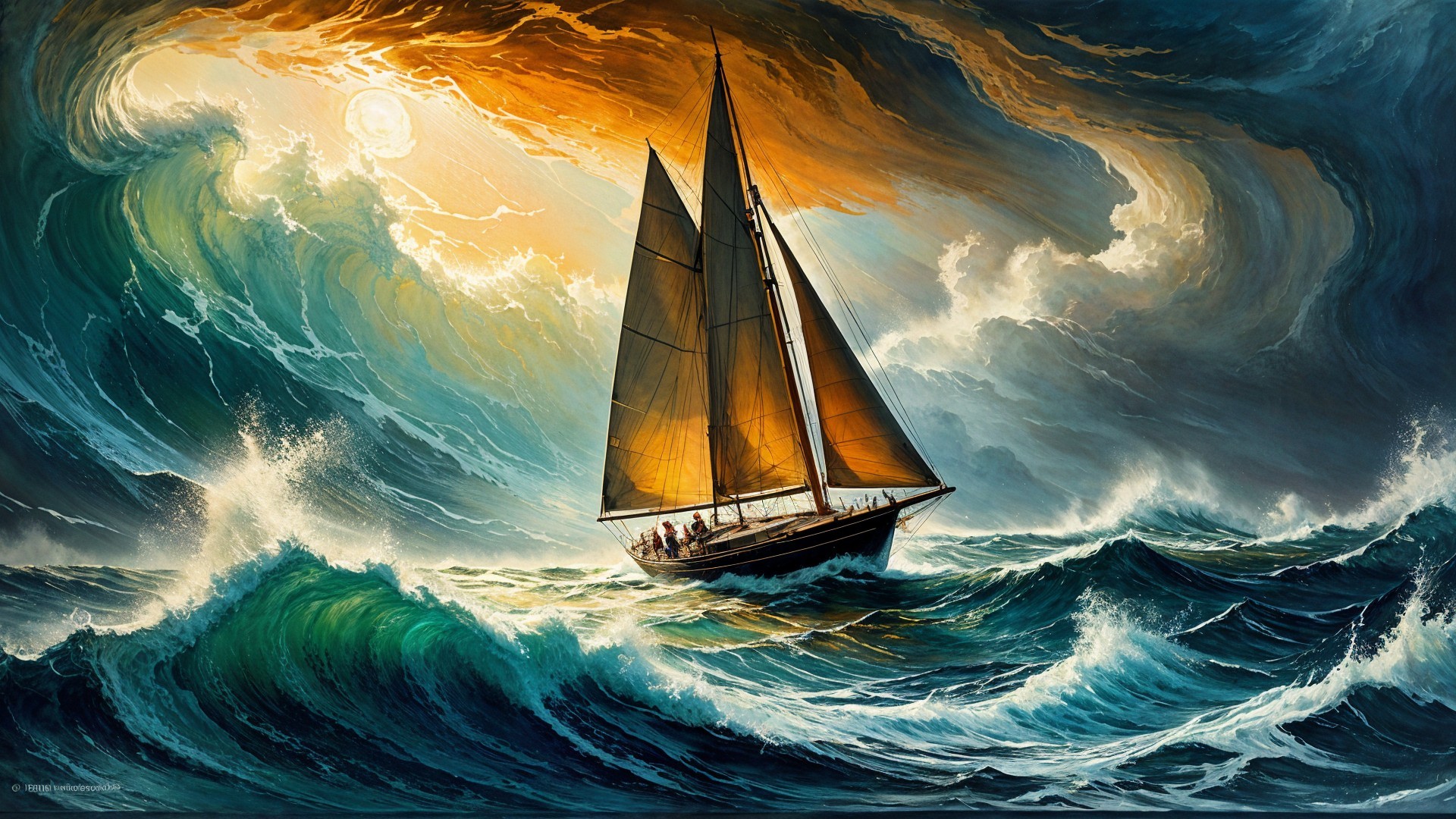 Sailing Ship Navigating Stormy Ocean Waves