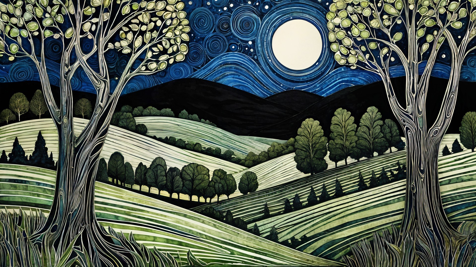 Serene Night Landscape with Rolling Hills and Moonlight