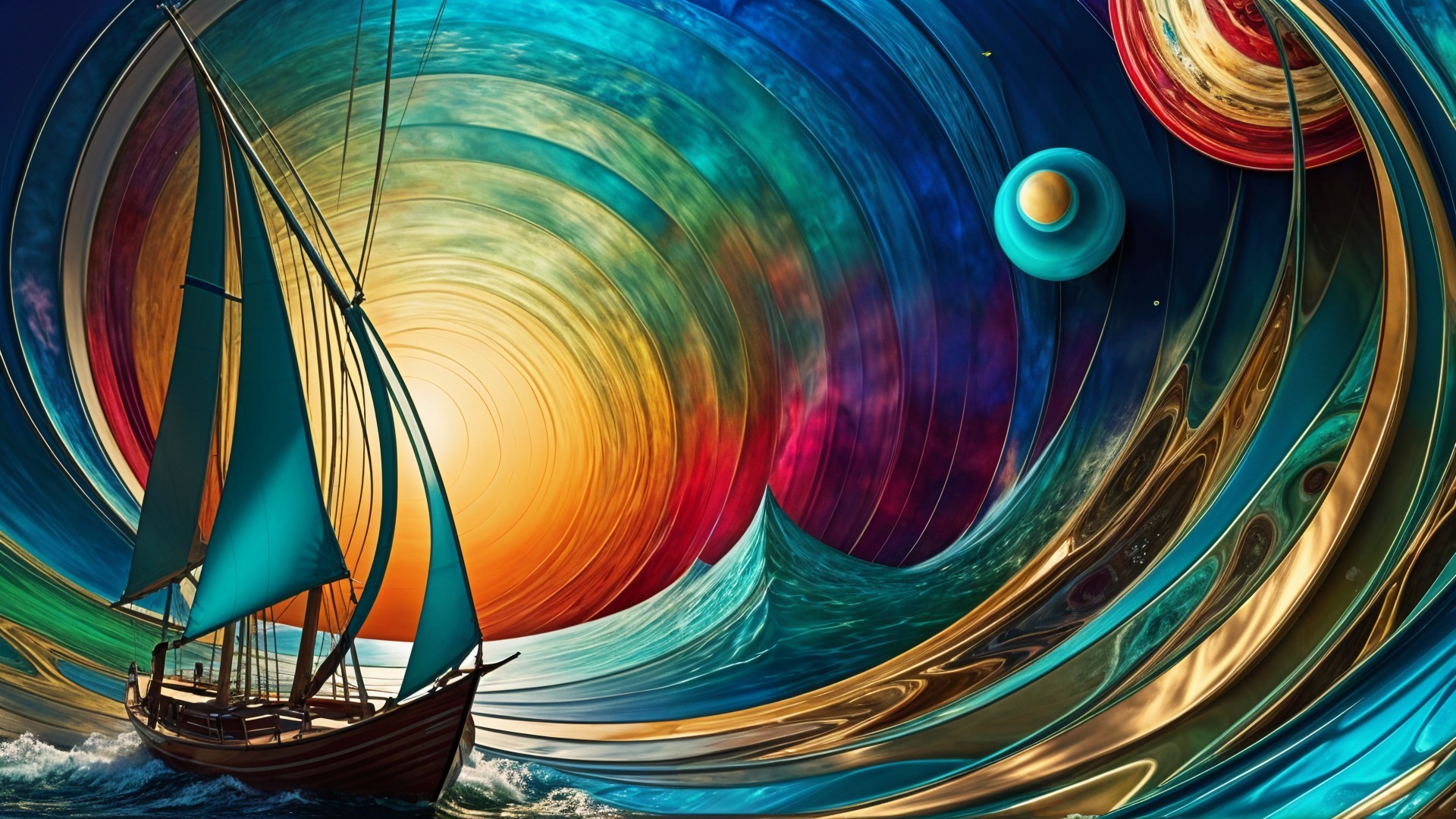Surreal Sailing Boat in Colorful Ocean Scene