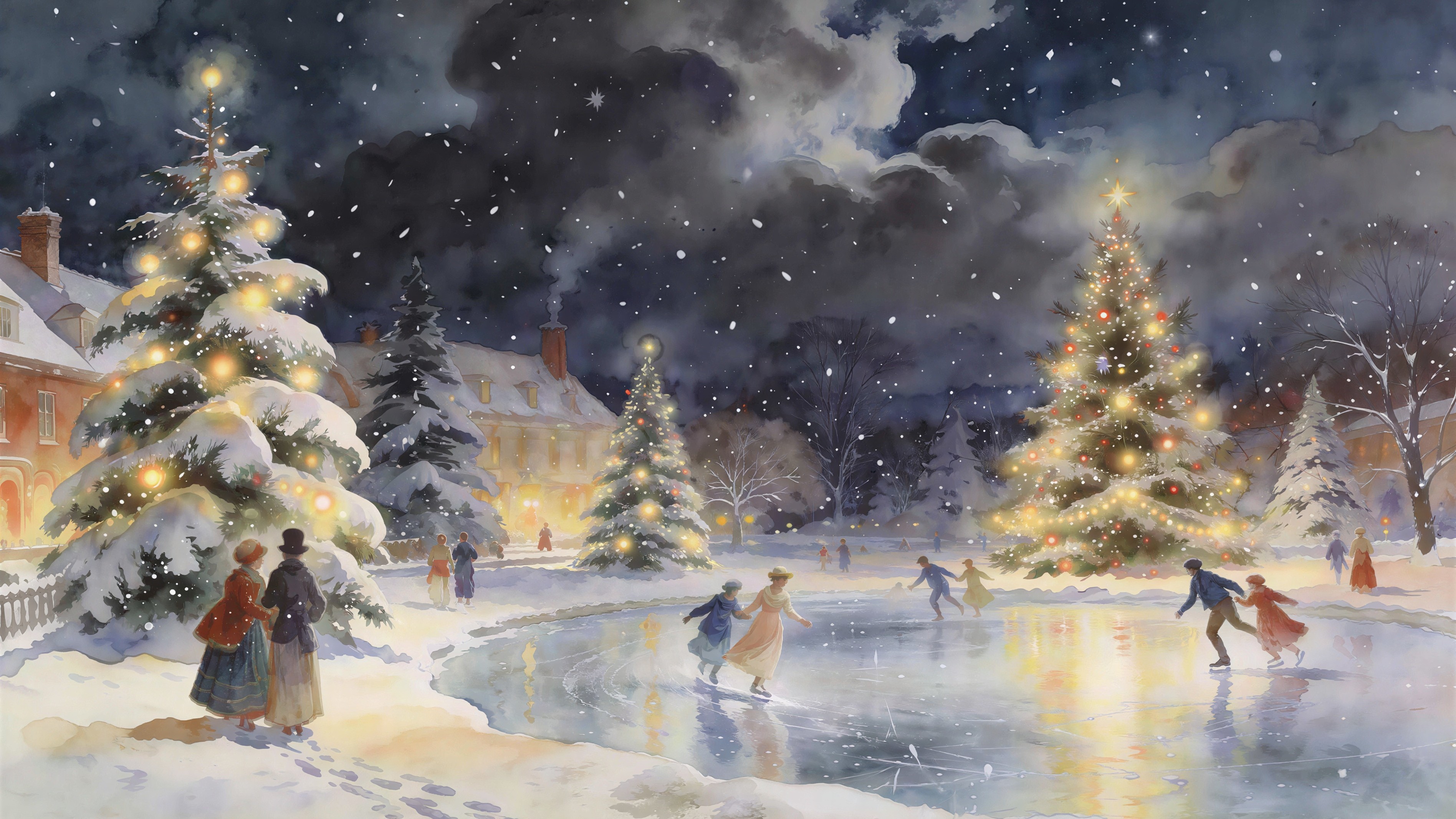 Whimsical Winter Scene with Snow and Warm Lights
