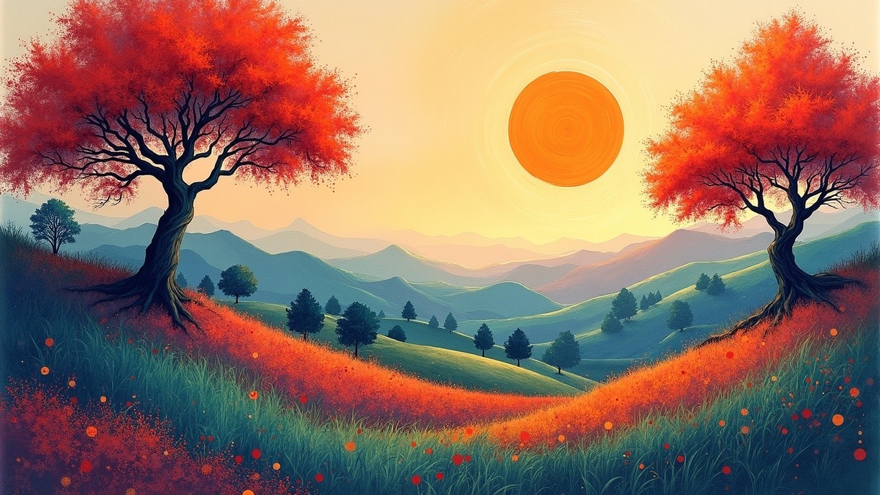 Vibrant Landscape with Red Trees and Sunset Glow