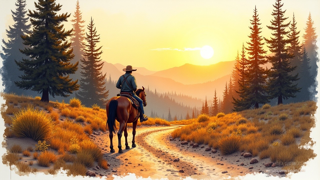 Rider on Horseback in Golden Sunset Landscape