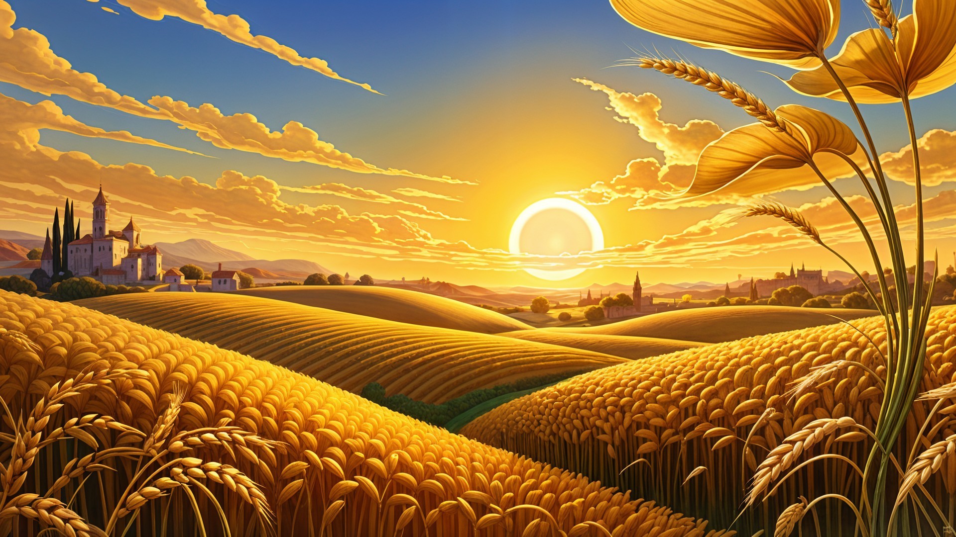 Golden Wheat Fields at Sunset with Quaint Village