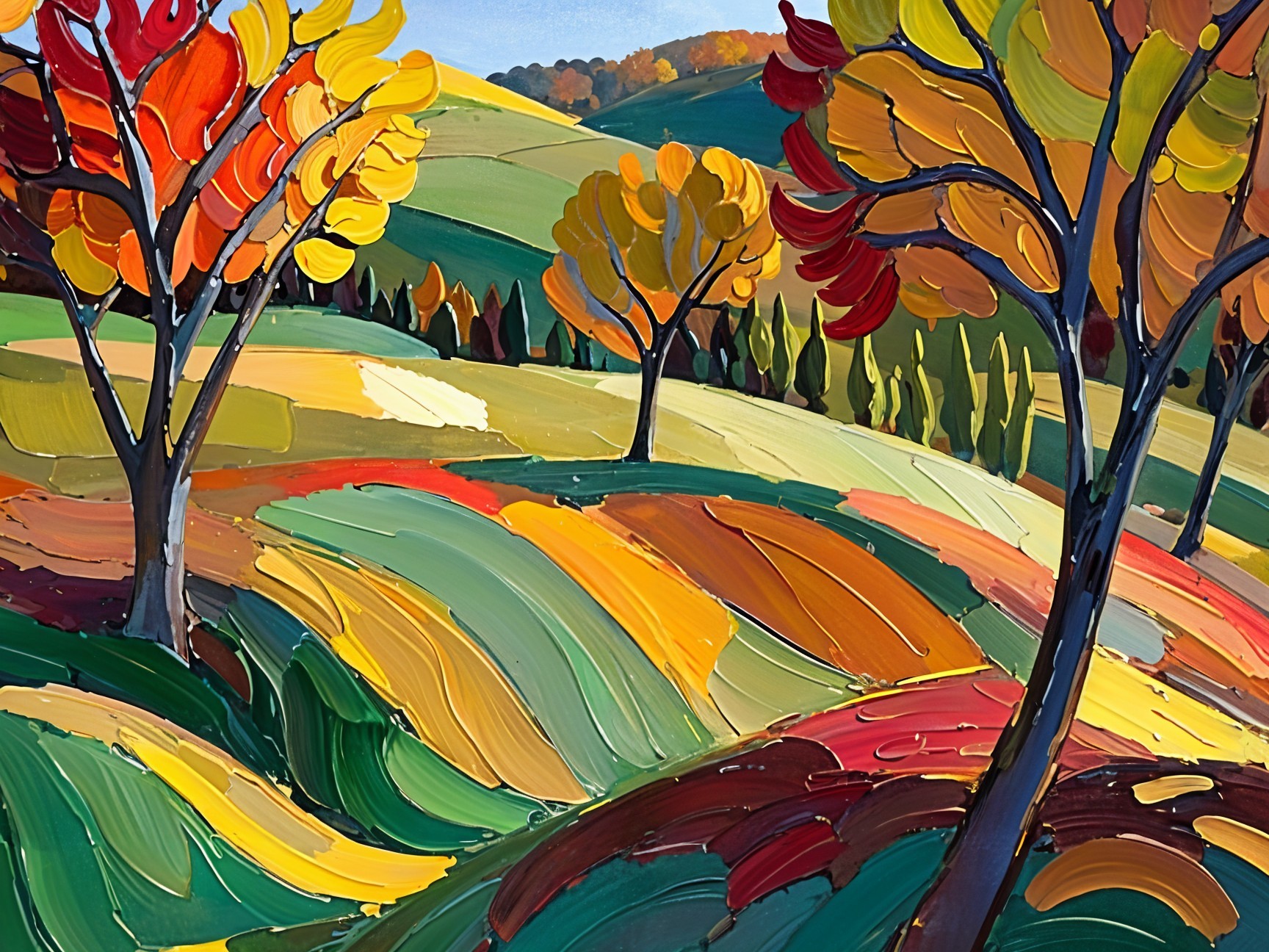 Vibrant Autumn Landscape with Colorful Rolling Hills