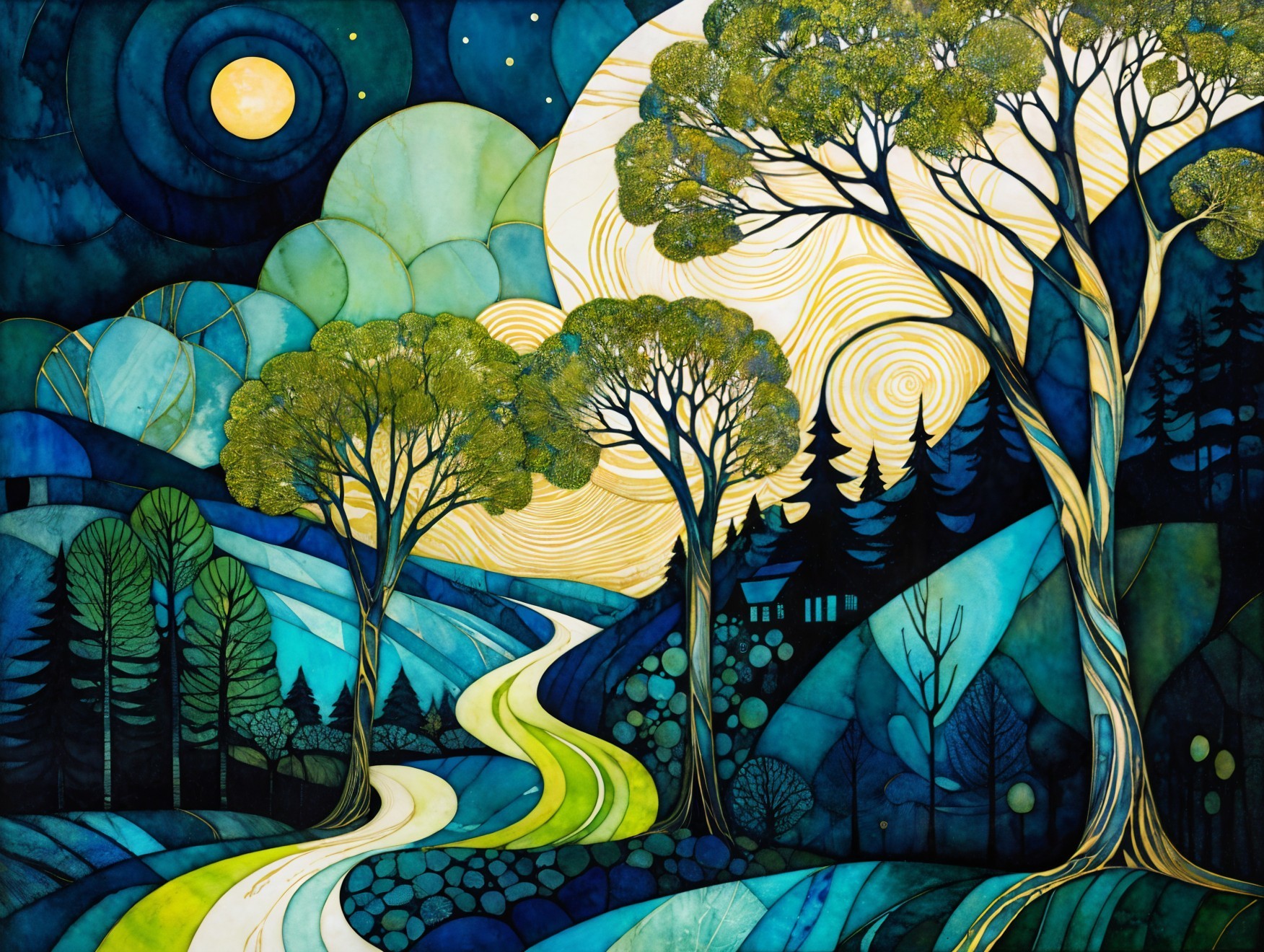 Vibrant Stylized Landscape with River and Moonlit Sky