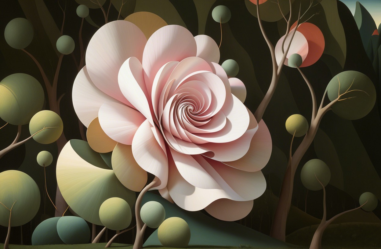 Stylized Rose in Whimsical Landscape with Abstract Trees