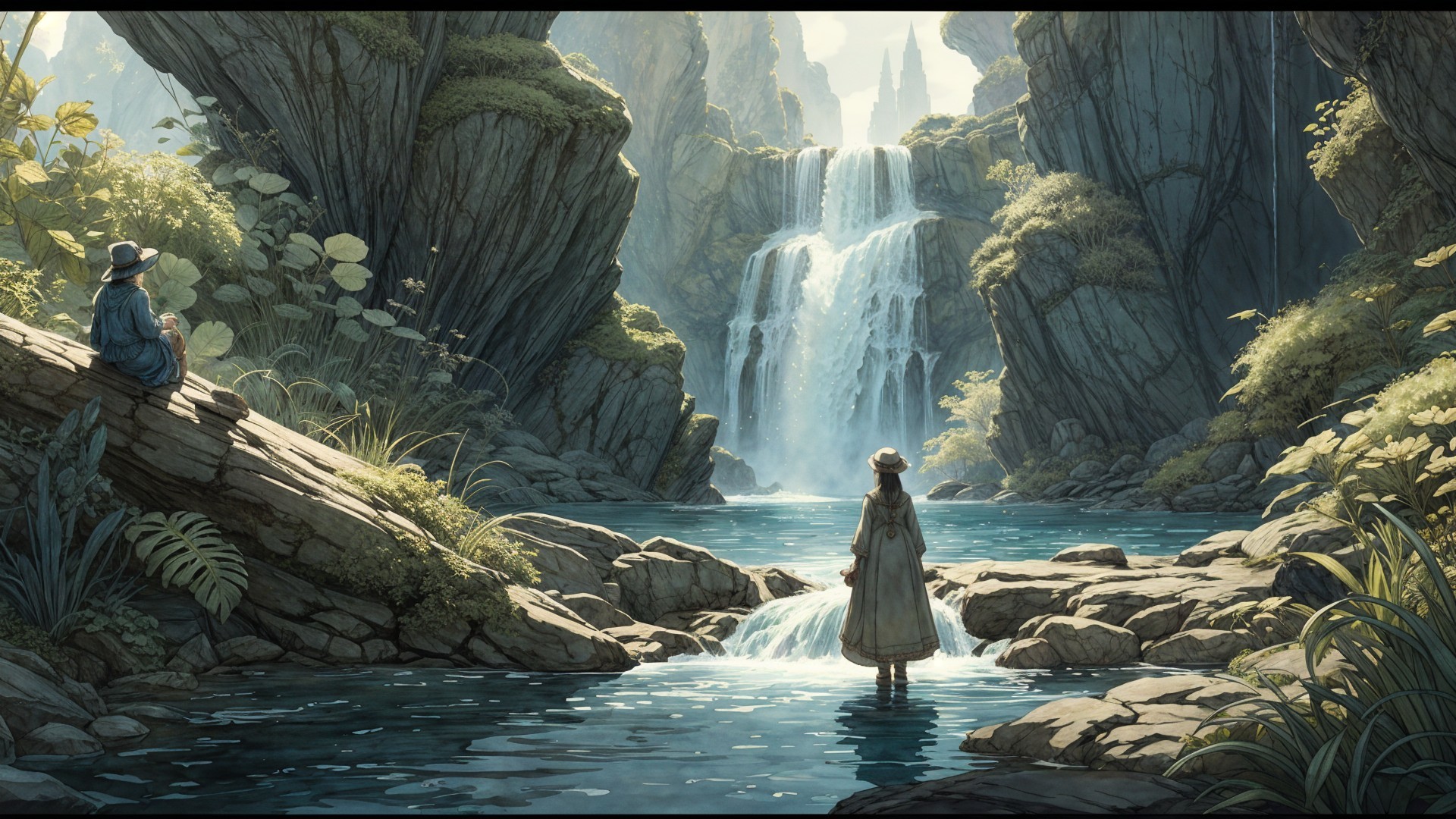 Tranquil Waterfall Scene in Lush Landscape