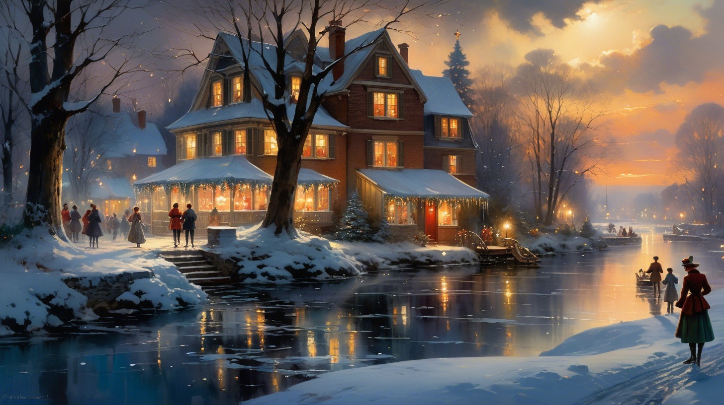 Snowy Village Scene at Twilight with Warm Lights