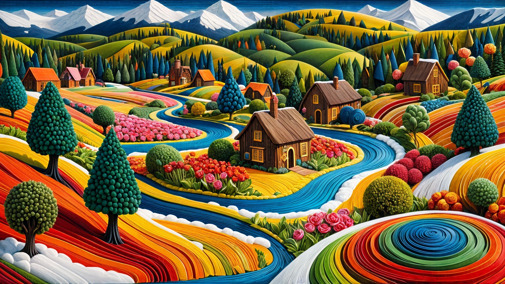 Vibrant Whimsical Landscape with Rolling Hills and Cottages