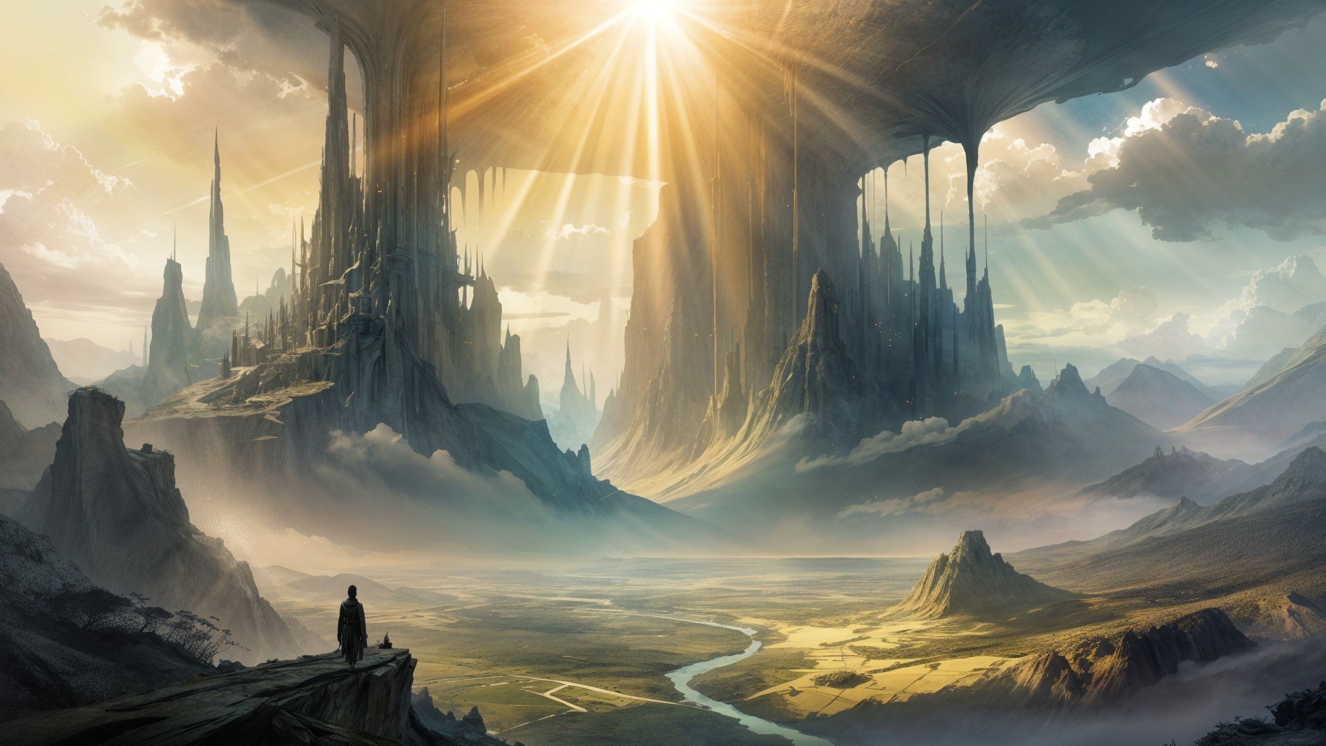 Fantasy Landscape with Towering Spires and Valleys