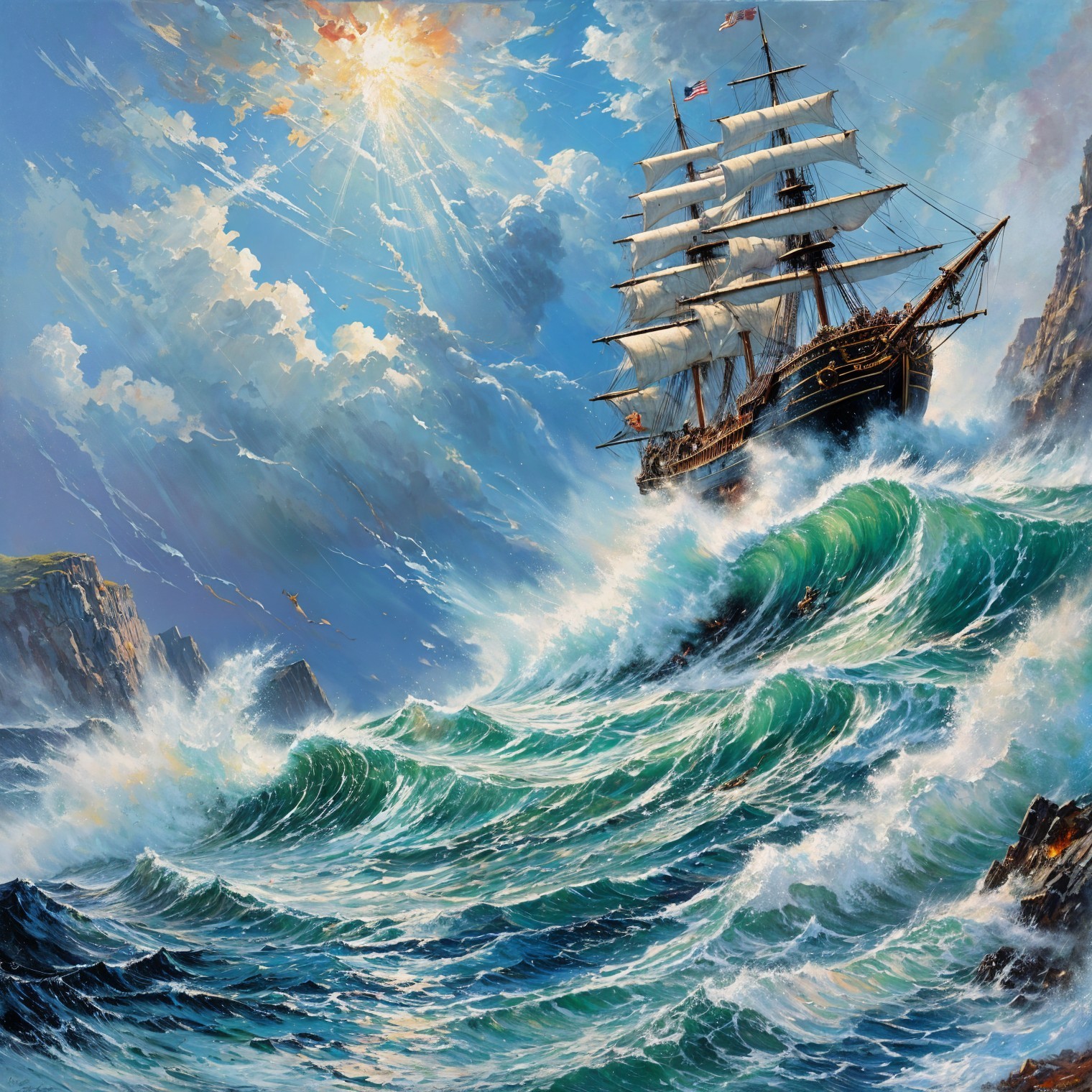 Majestic Sailing Ship on Tumultuous Sea Waves