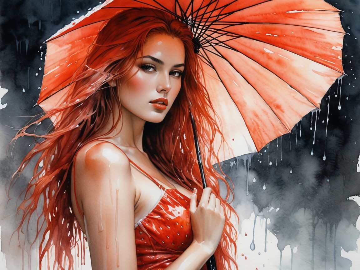 Striking Woman in Red Dress Under Bright Umbrella