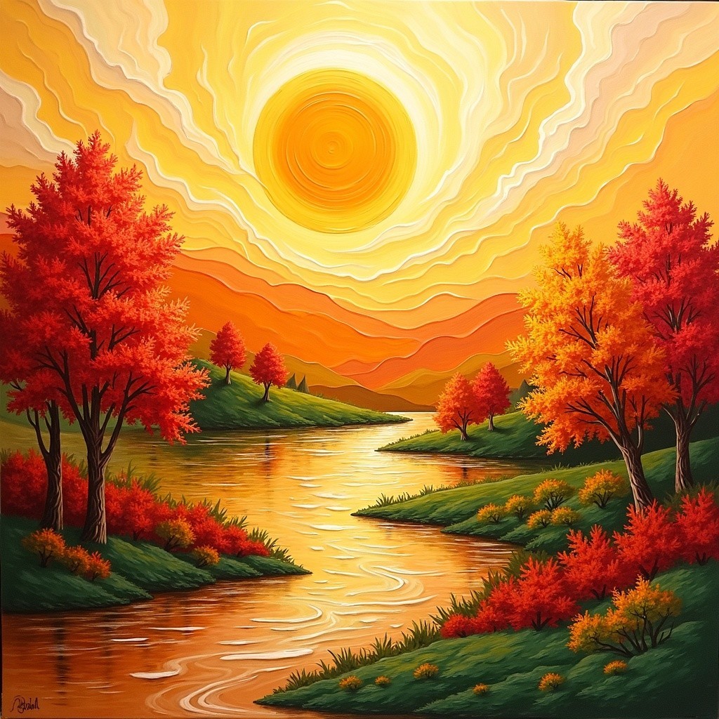 Vibrant Autumn Landscape with River and Colorful Trees